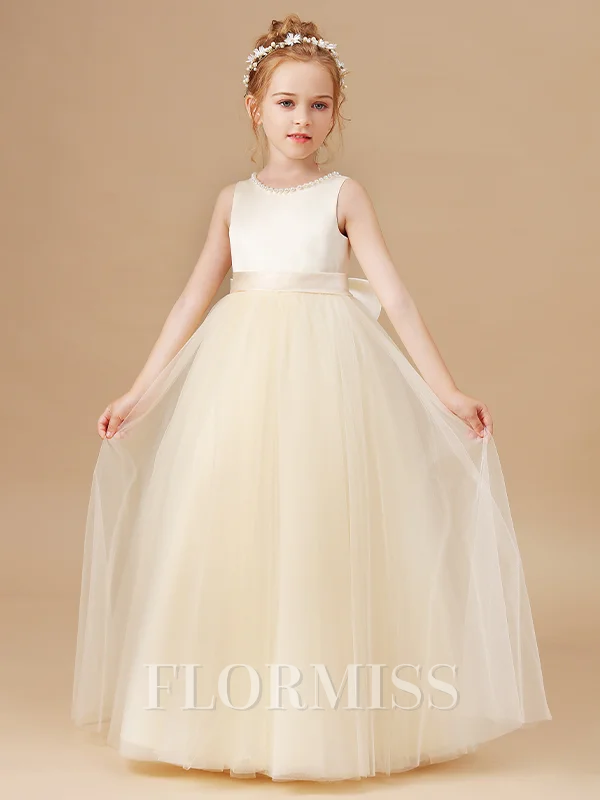 A-Line/Princess Scoop Floor-Length Tulle Flower Girl Dresses With Belt/Sash