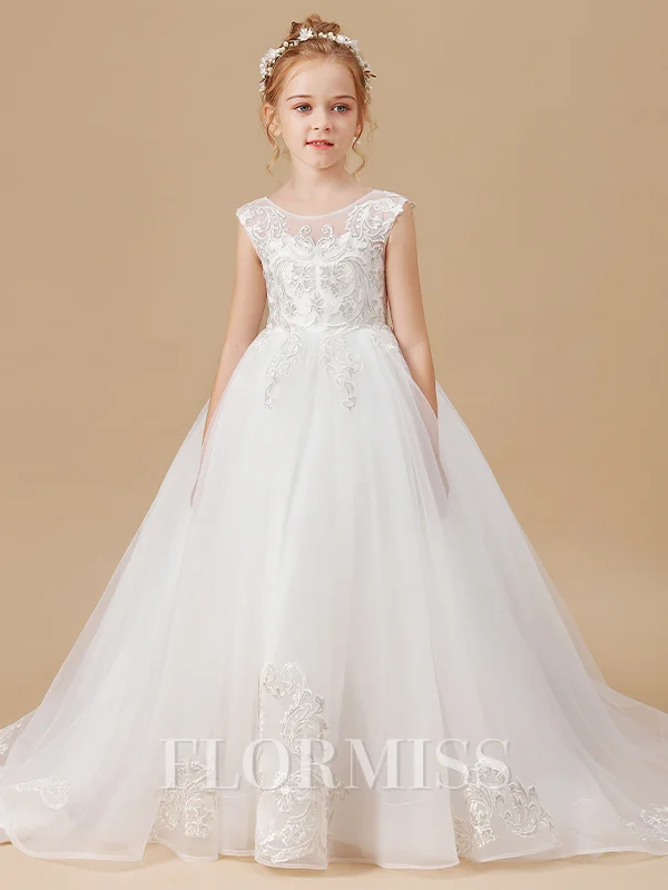 Ball Gown Scoop Sweep Train Tulle Flower Girl Dresses With Appliques Lace