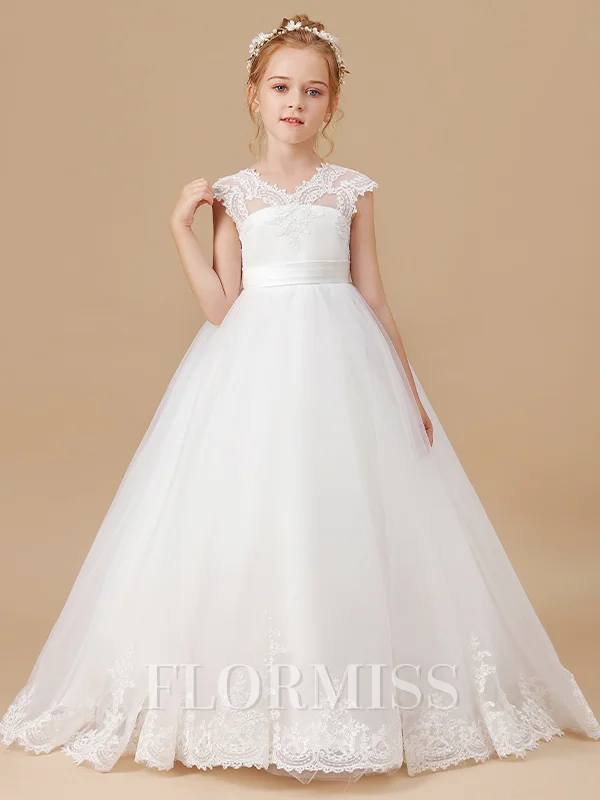 Ball Gown V-neck Sweep Train Tulle Flower Girl Dresses With Lace