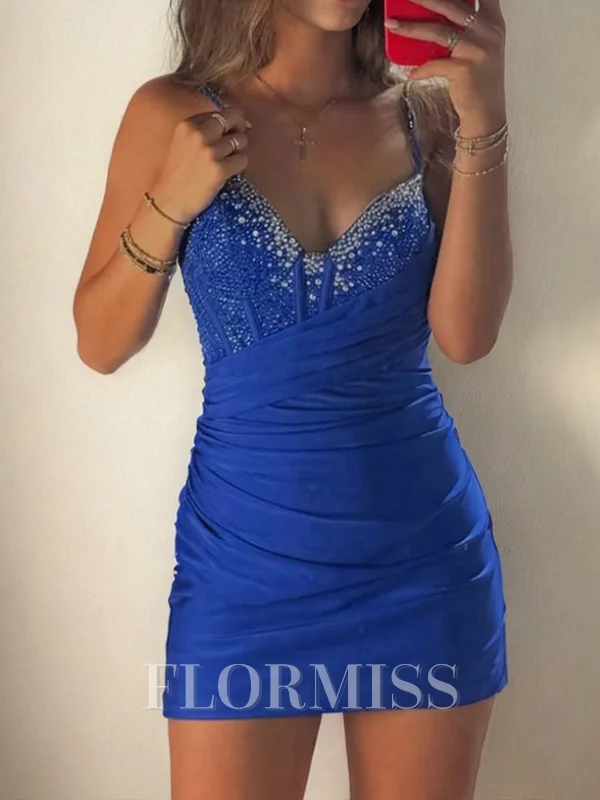 Sheath V-neck Pleated Short/Mini Silk Like Satin Corset Dress