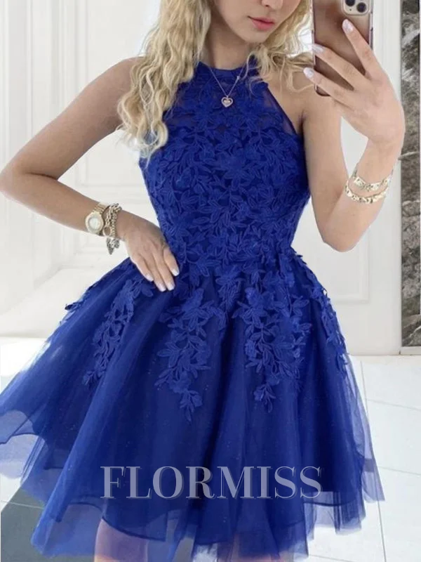 A-Line/Princess Halter Short/Mini Tulle Homecoming Dresses With Appliques Lace