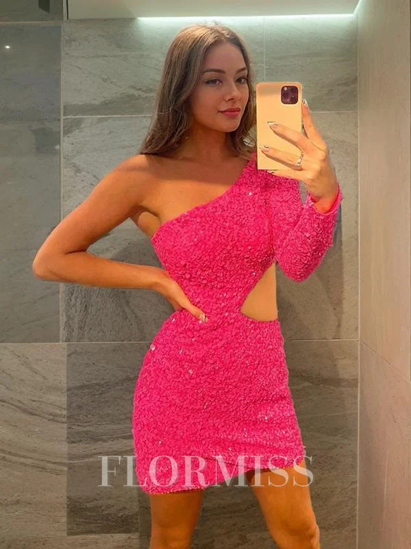 Sheath/Column One-Shoulder Short/Mini Velvet Sequins Homecoming Dresses