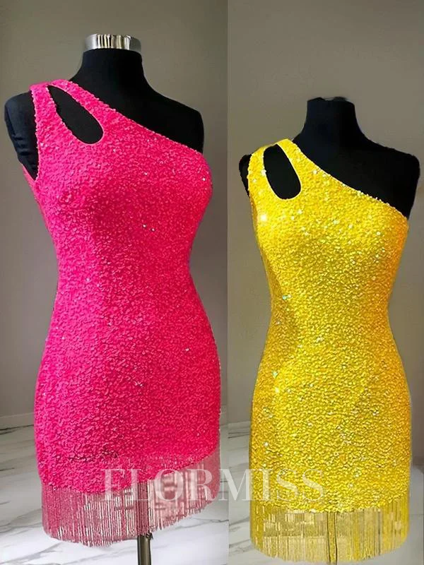 Sheath/Column One-Shoulder Short/Mini Velvet Sequins Homecoming Dresses