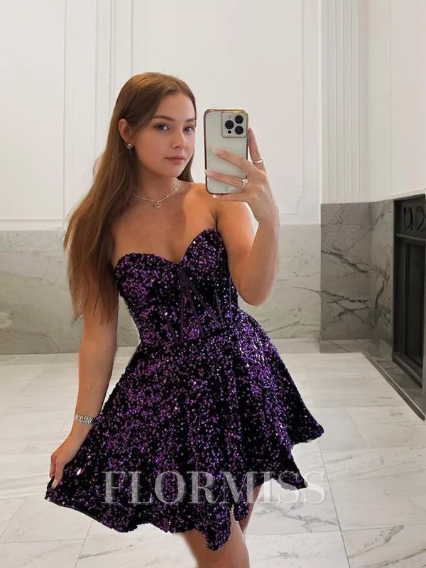 A-Line/Princess Sweetheart Short/Mini Velvet Sequins Homecoming Dresses