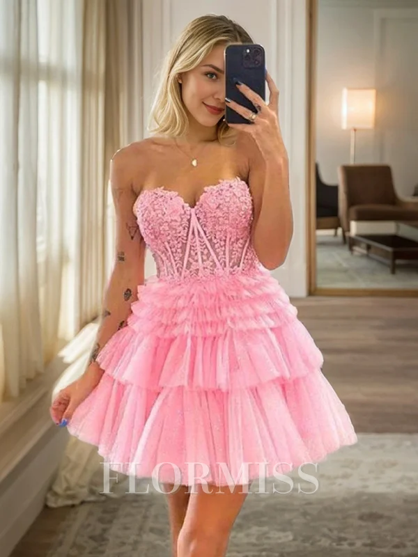 A-line Sweetheart Appliques Lace Short/Mini Tulle Corset Dress