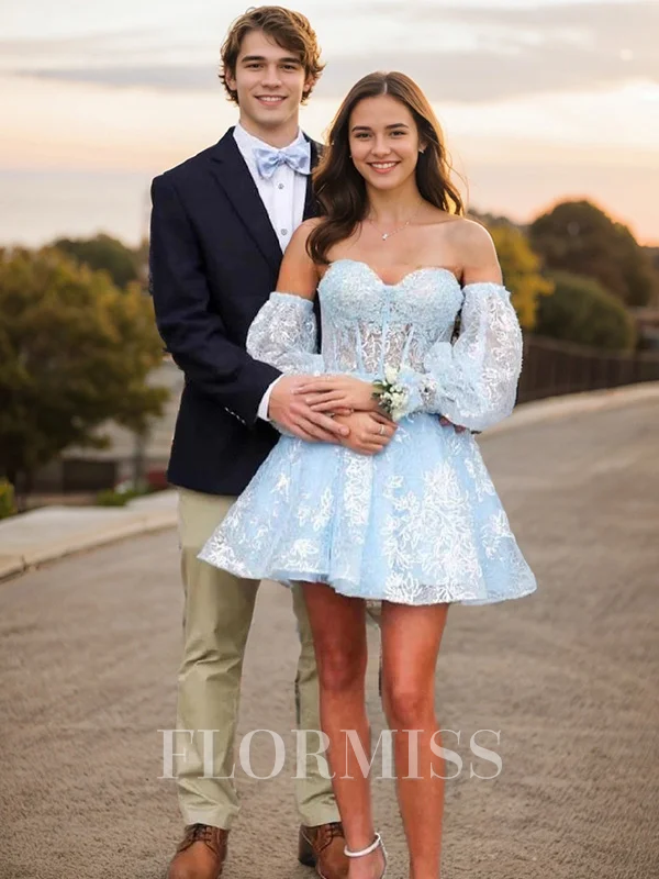 A-line Sweetheart Long Sleeves Appliques Lace Short/Mini Lace Corset Dress