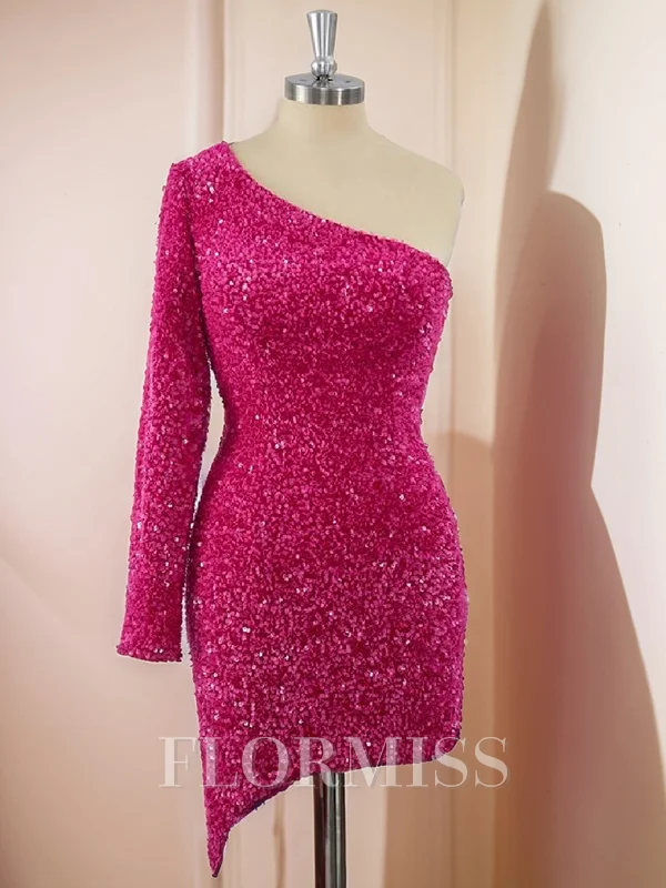 Sheath Long Sleeves Velvet Sequins One-Shoulder Short/Mini Dress