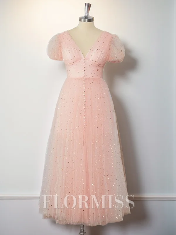 A-line Short Sleeves Tulle V-neck Pleated Tea-Length Dress