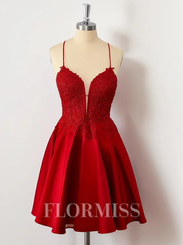 A-line Satin Red Spaghetti Straps Appliques Lace Corset Short/Mini Dress