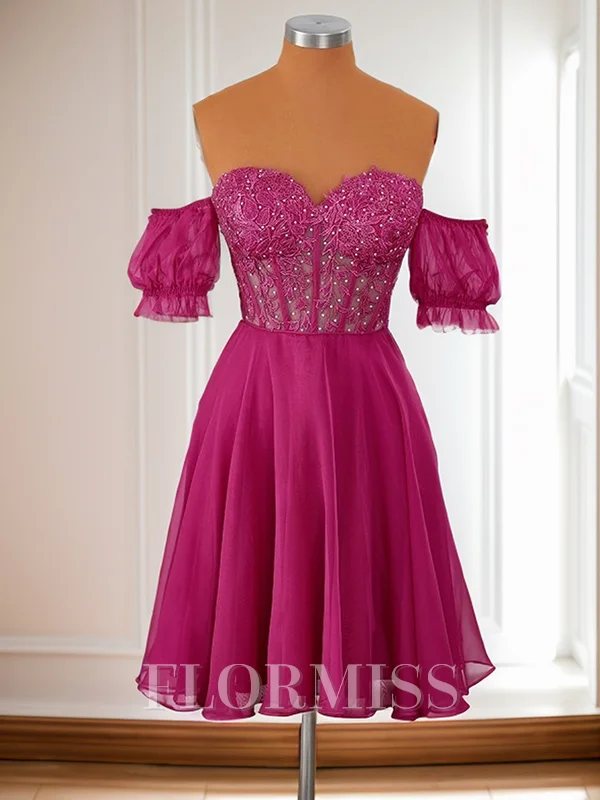 A-line Short Sleeves 30D Chiffon Appliques Lace Corset Convertible Short/Mini Dress