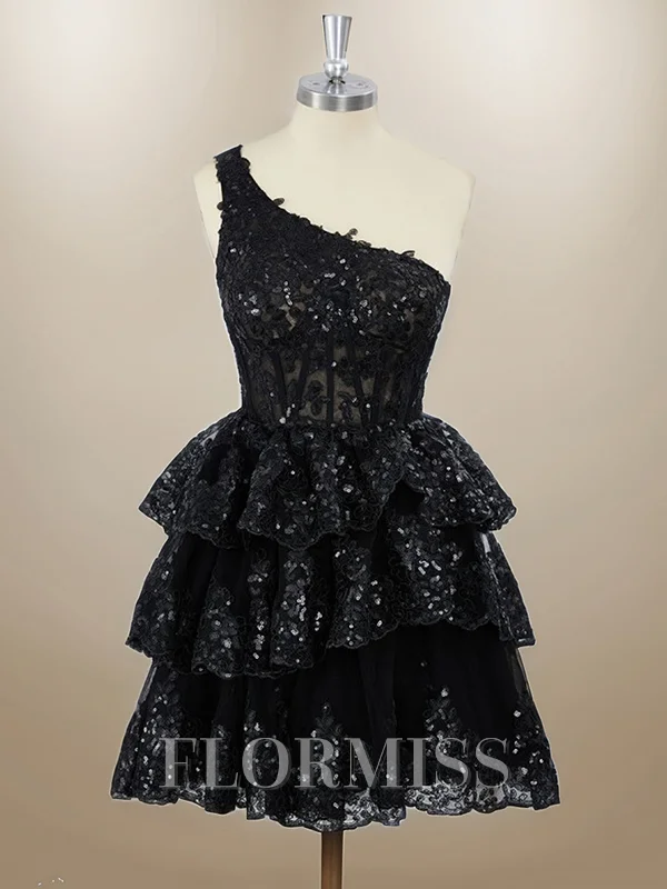 Ball-Gown Tulle One-Shoulder Appliques Lace Corset Short/Mini Dress