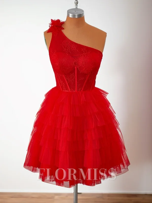 Ball-Gown Tulle One-Shoulder Appliques Lace Corset Short/Mini Dress