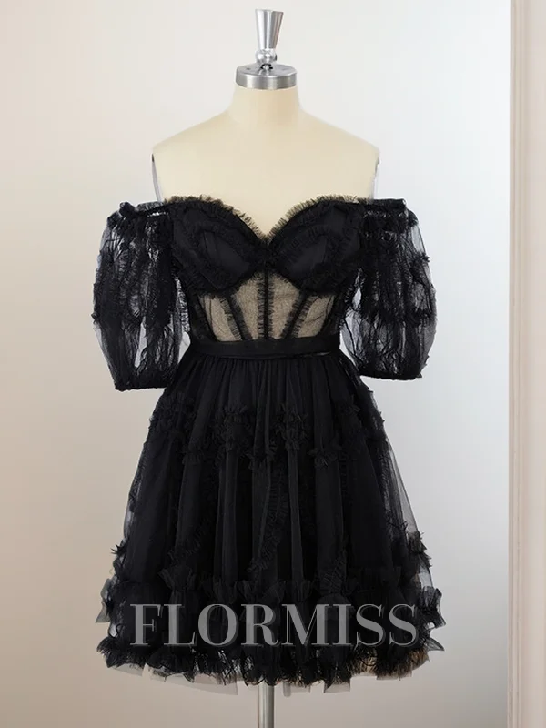 A-line Short Sleeves Tulle Off-the-Shoulder Ruffles Corset Short/Mini Dress