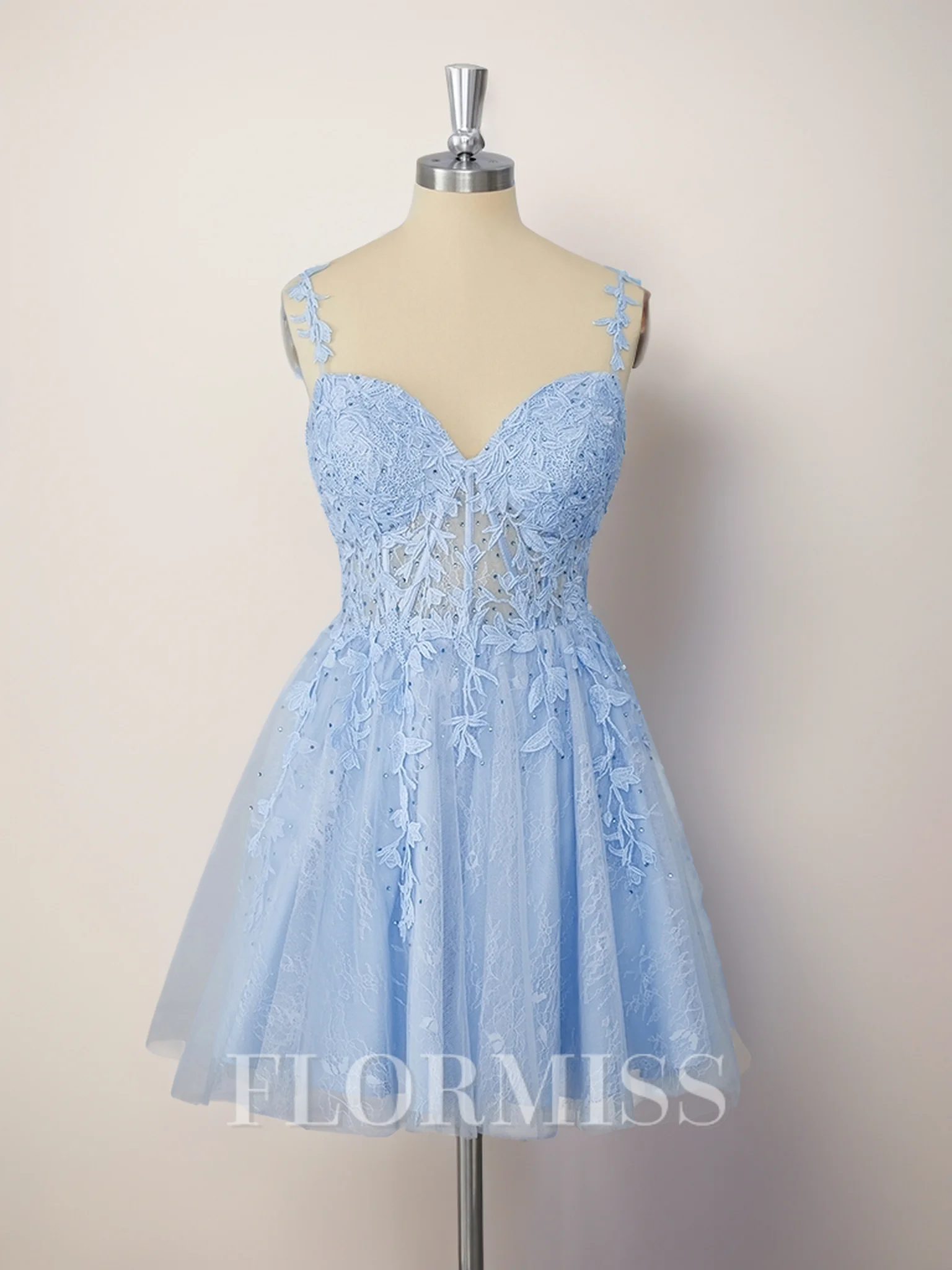 A-line Tulle Spaghetti Straps Appliques Lace Corset Short/Mini Dress