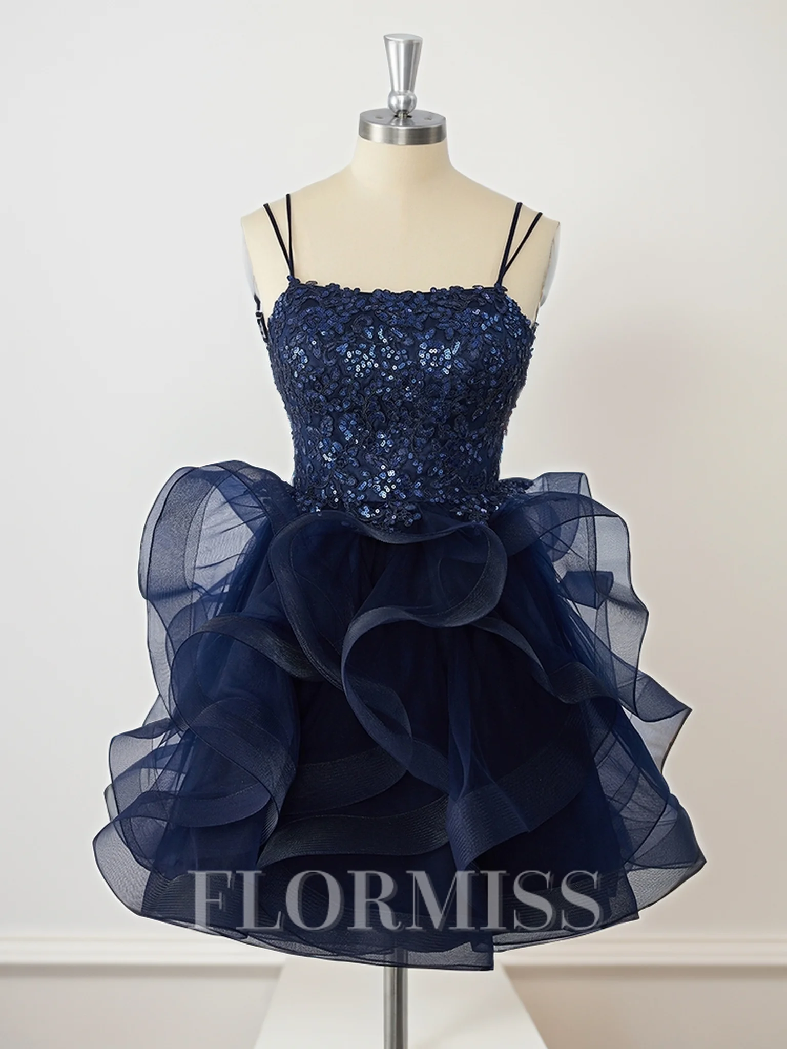 A-line Tulle Spaghetti Straps Cascading Ruffles Short/Mini Dress