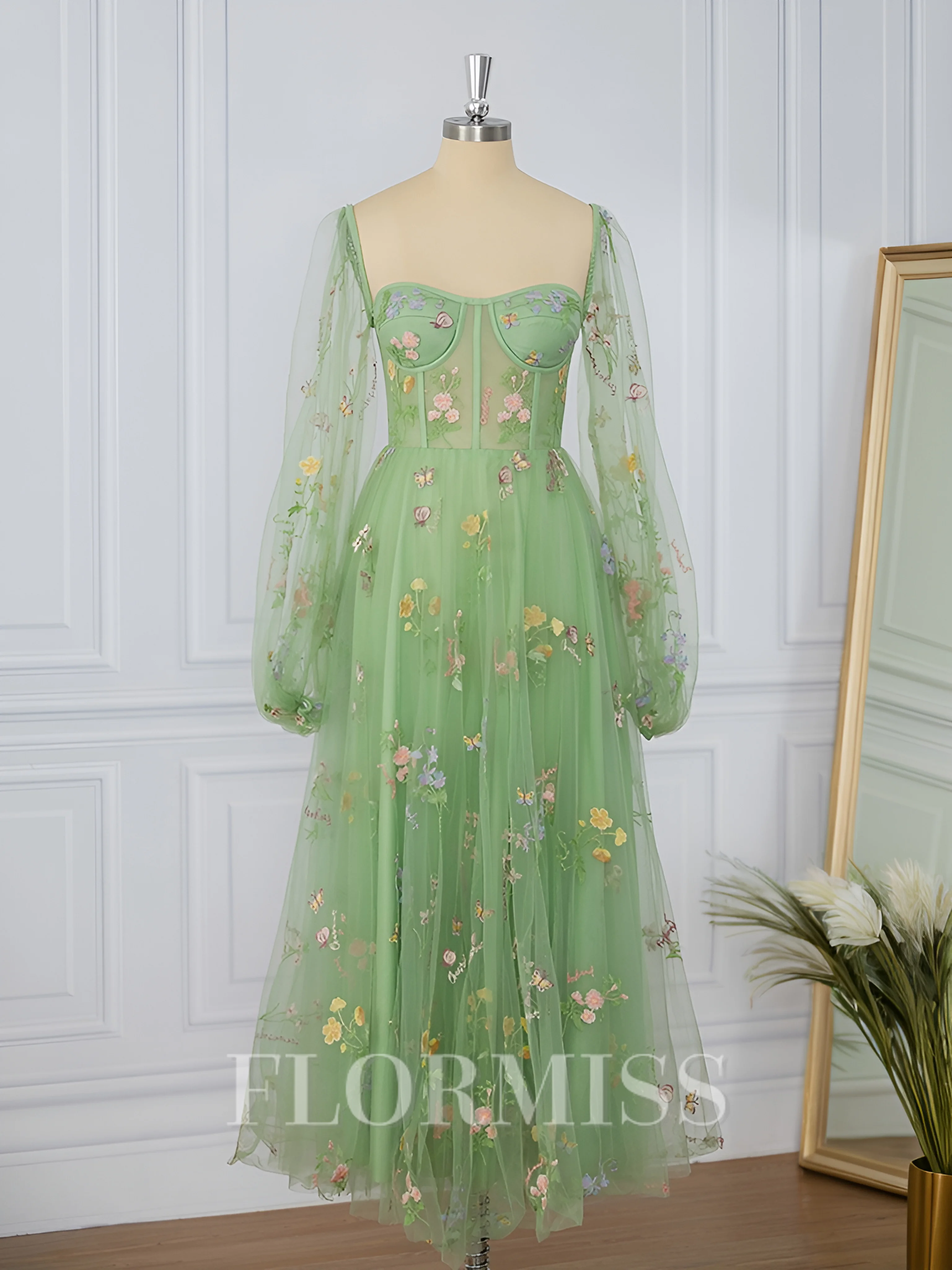 A-line Long Sleeves Lace Sweetheart Flower Corset Tea-Length Dress