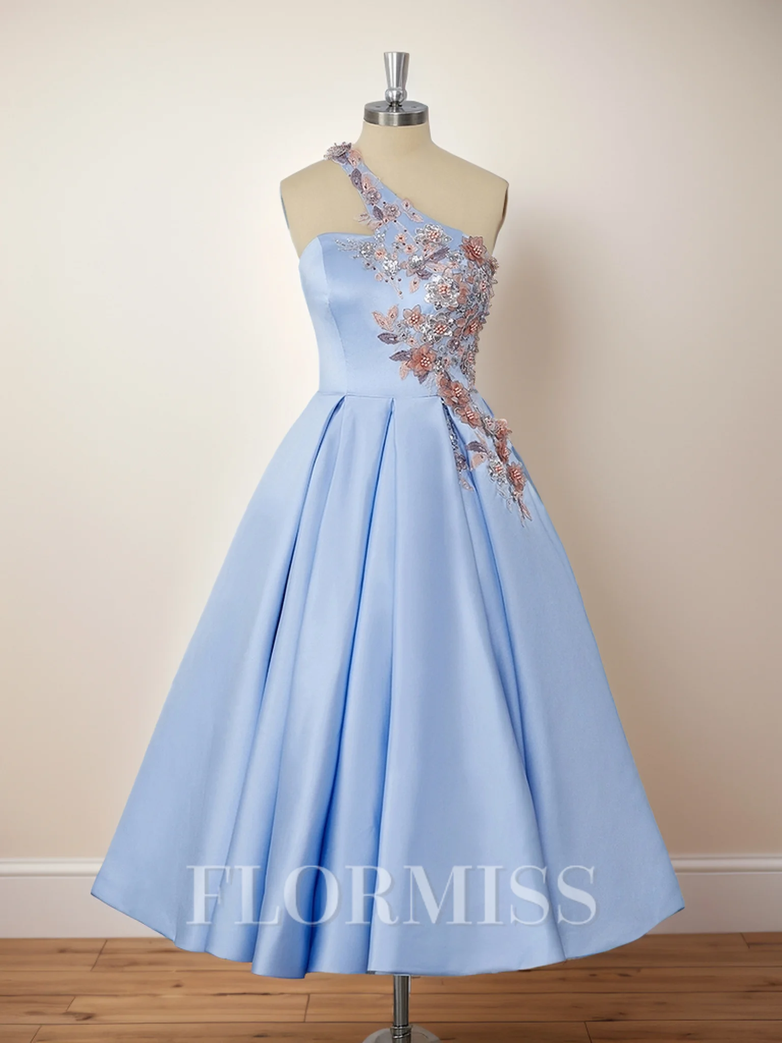 Ball-Gown Satin One-Shoulder Flower Tea-Length Dress