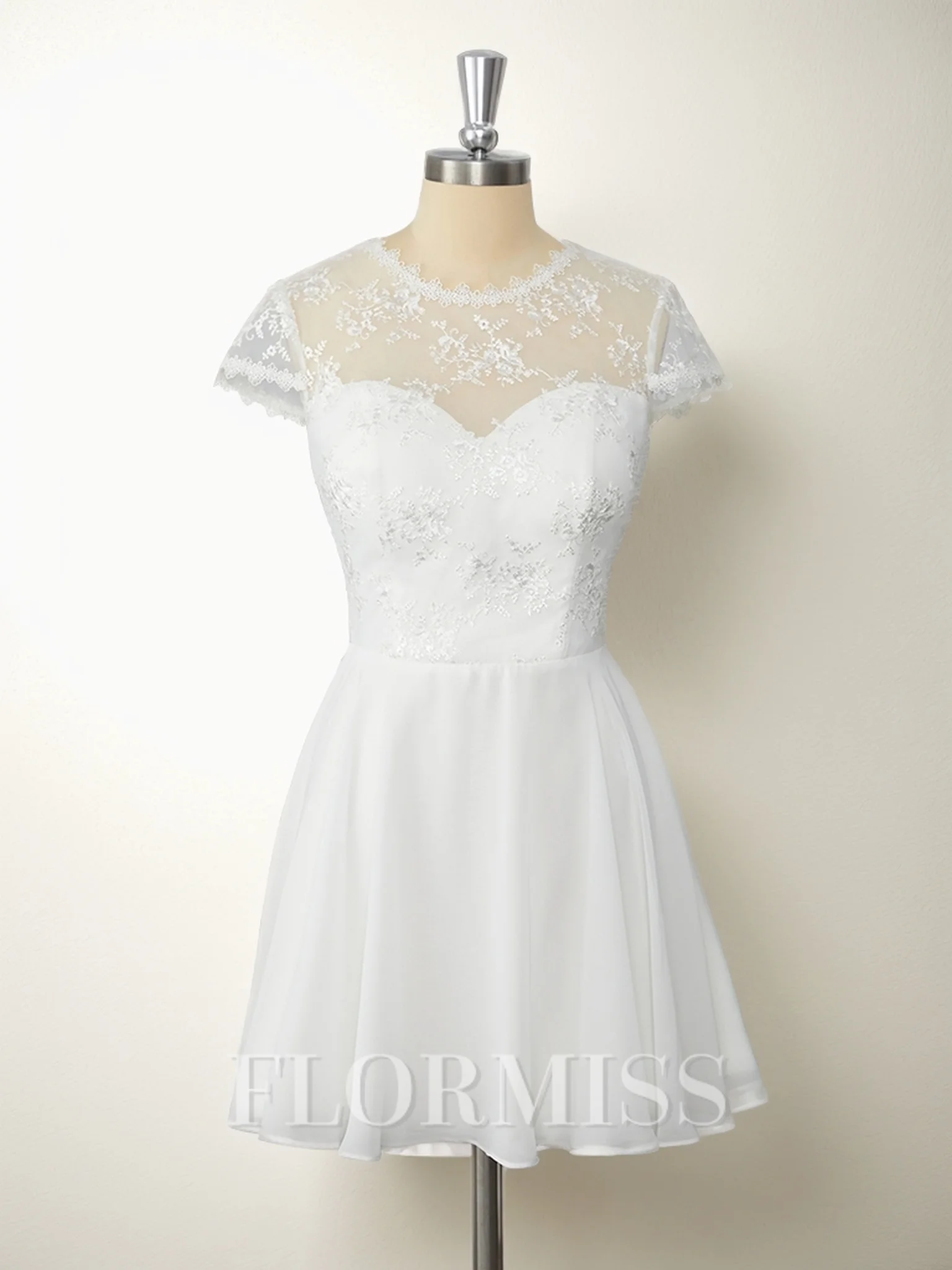 A-line Short Sleeves Chiffon Illusion Appliques Lace Short/Mini Dress