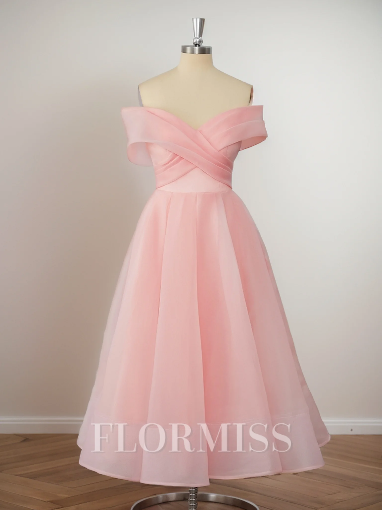A-line Organza Off-the-Shoulder Pleated Tea-Length Dress