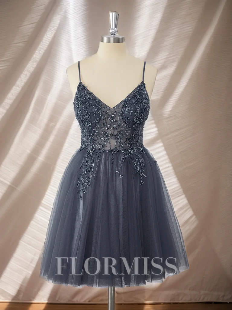 A-line Tulle V-neck Beading Short/Mini Dress