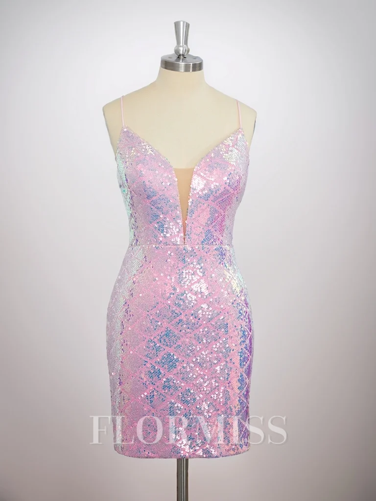 Sheath Spaghetti Straps Sequin Short/Mini Dress