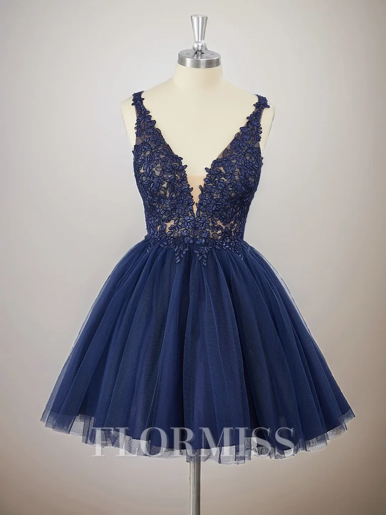 A-line Tulle V-neck Appliques Lace Short/Mini Dress