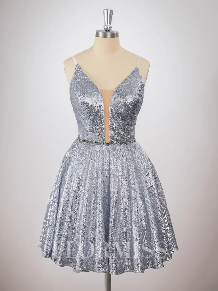 A-line Sequins V-neck Sash/Ribbon/Belt Short/Mini Dress
