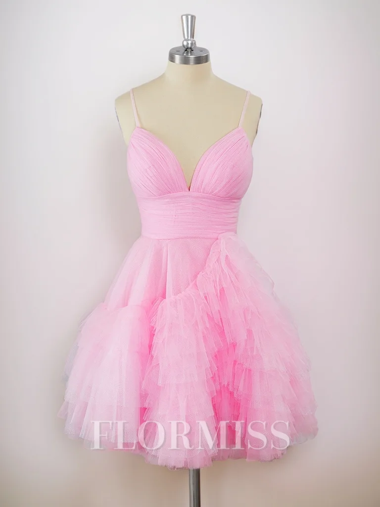 A-line Tulle V-neck Cascading Ruffles Short/Mini Dress