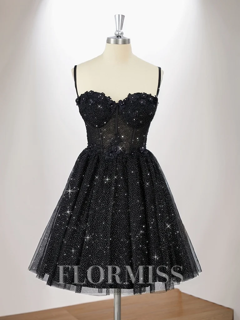 A-line Tulle Spaghetti Straps Appliques Lace Corset Short/Mini Dress