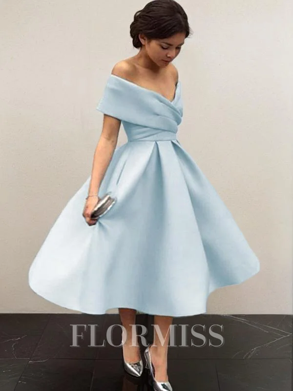 A-Line/Princess Off-the-Shoulder Tea-Length Satin Homecoming Dresses With Ruffles