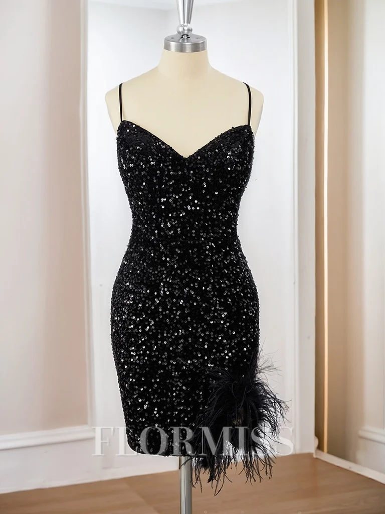 Sheath Velvet Sequins V-neck Feathers/Fur Short/Mini Dress