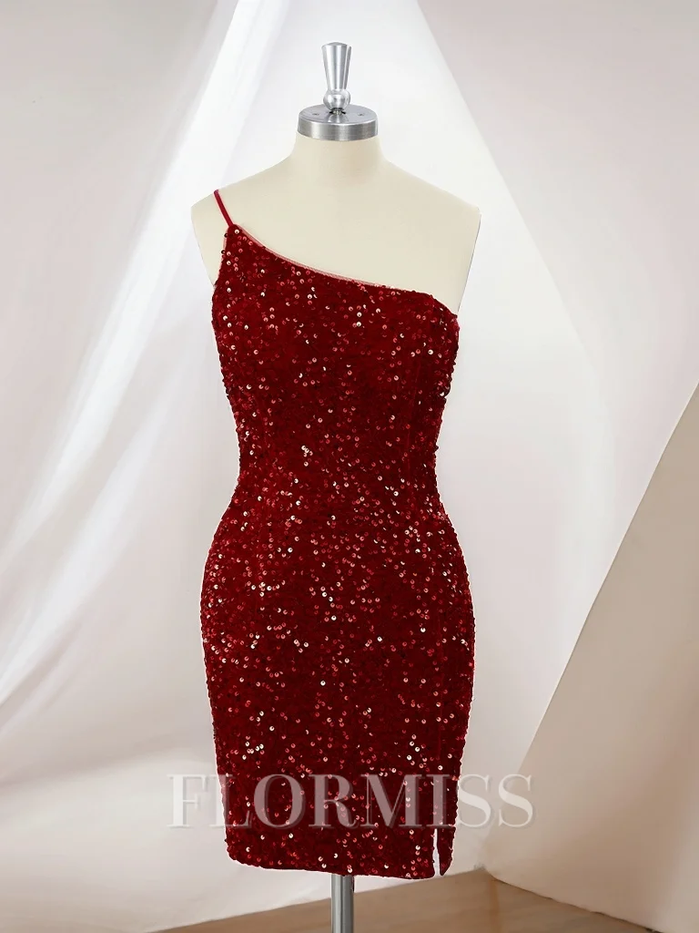Sheath Velvet Sequins One-Shoulder Short/Mini Dress