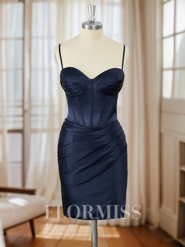 Sheath Silk Like Satin Spaghetti Straps Pleated Corset Short/Mini Dress