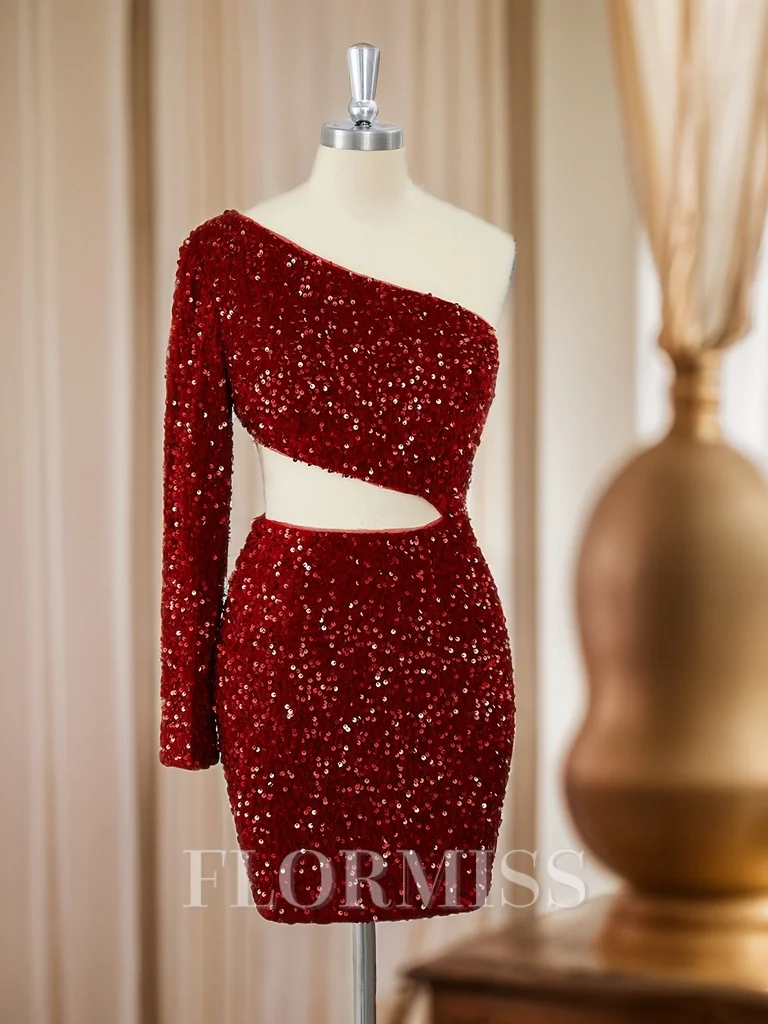 Sheath Long Sleeves Velvet Sequins One-Shoulder Short/Mini Dress
