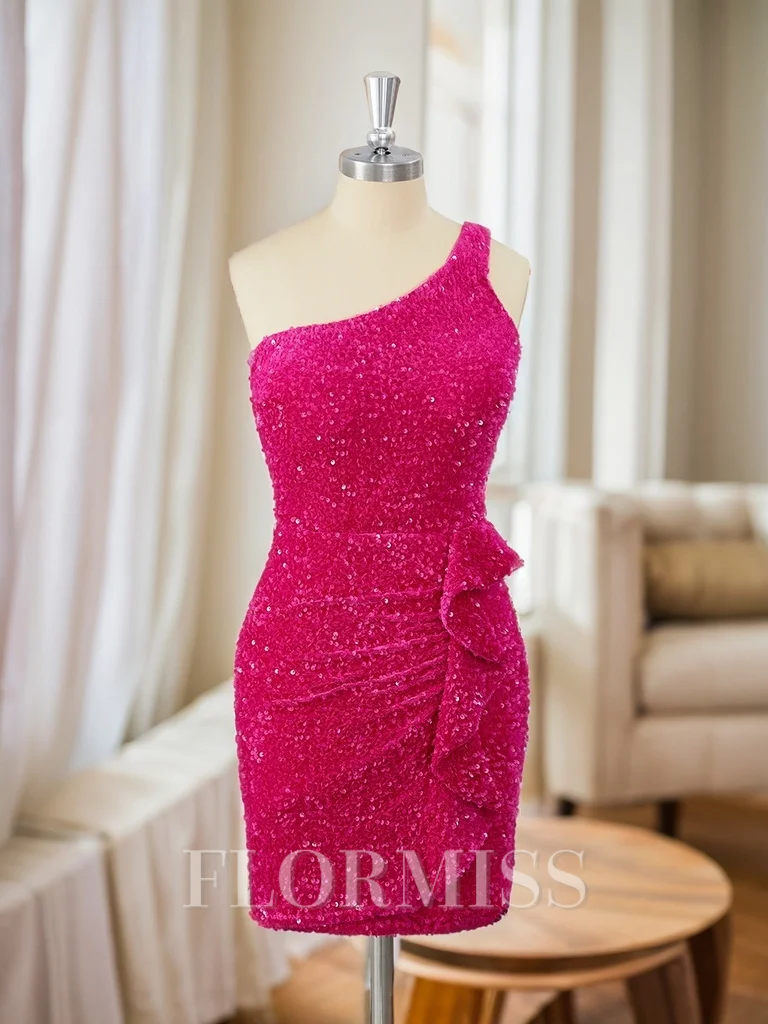 Sheath Velvet Sequins One-Shoulder Ruffles Short/Mini Dress