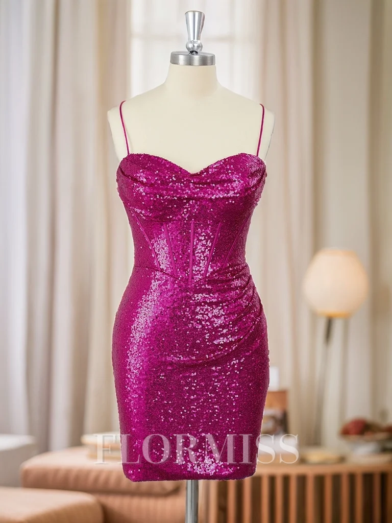 Sheath Sequins Spaghetti Straps Pleated Corset Short/Mini Dress