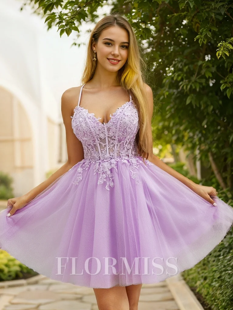 A-line V-neck Appliques Lace Short/Mini Tulle Corset Dress