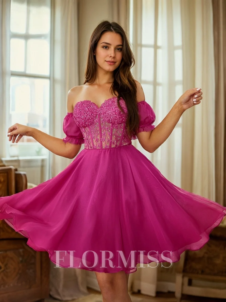 A-line Sweetheart Short Sleeves Appliques Lace Short/Mini 30D Chiffon Corset Convertible Dress
