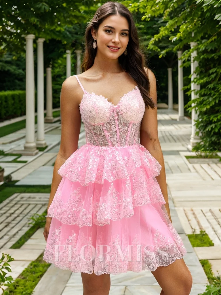 Ball-Gown V-neck Appliques Lace Short/Mini Tulle Corset Dress