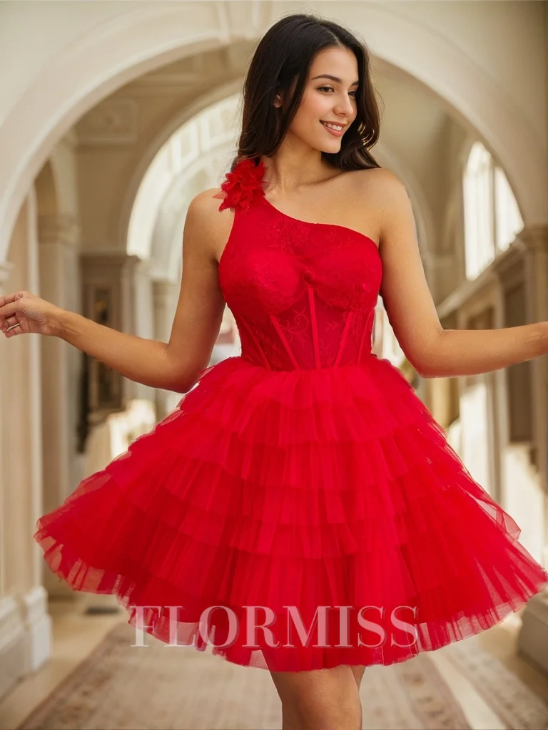 Ball-Gown One-Shoulder Appliques Lace Short/Mini Tulle Corset Dress