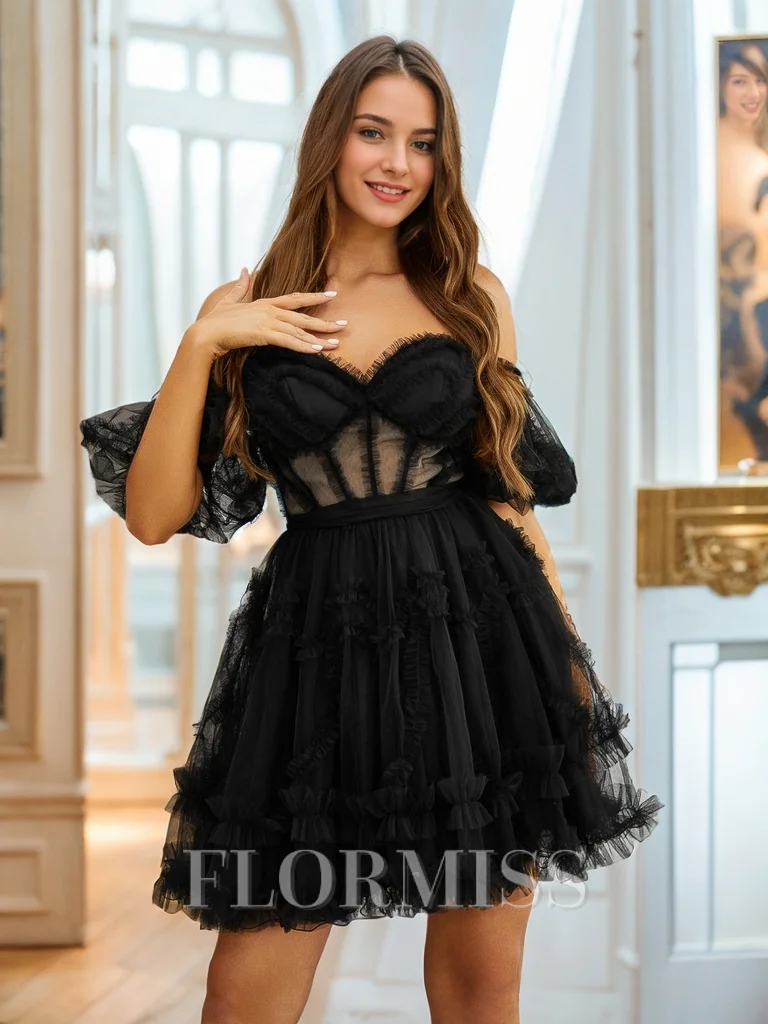 A-line Off-the-Shoulder Short Sleeves Ruffles Short/Mini Tulle Corset Dress