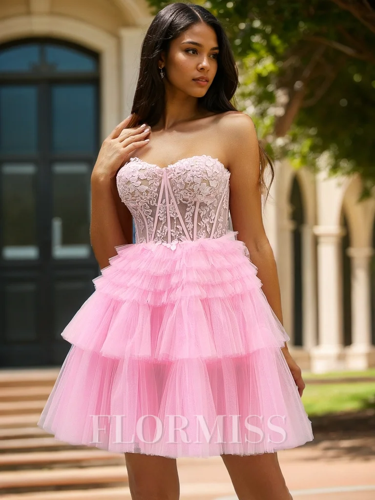 Ball-Gown Sweetheart Appliques Lace Short/Mini Tulle Corset Dress