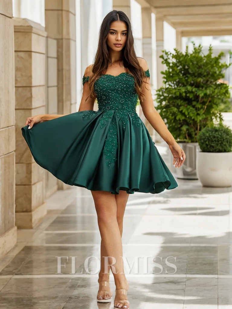 Ball-Gown Off-the-Shoulder Beading Short/Mini Satin Dress