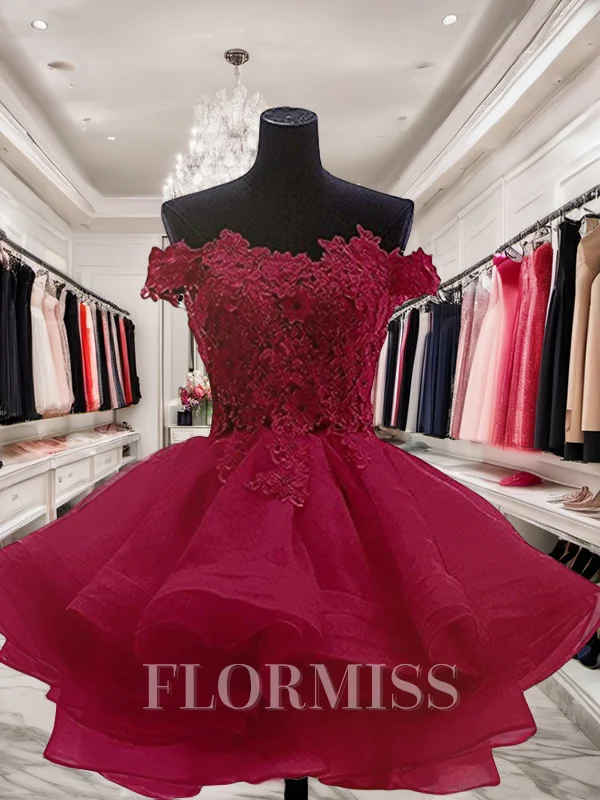 Ball Gown Off-the-Shoulder Short/Mini Organza Homecoming Dresses With Appliques Lace