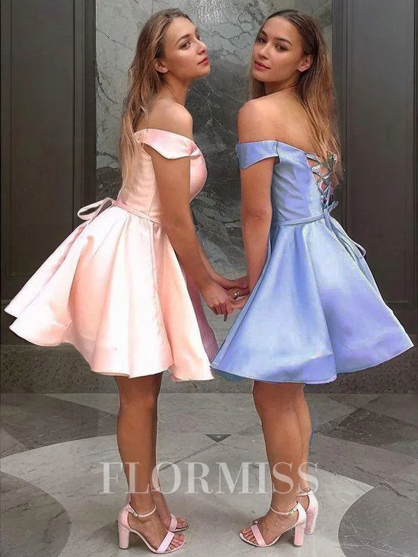 A-Line/Princess Off-the-Shoulder Short/Mini Satin Homecoming Dresses With Ruffles
