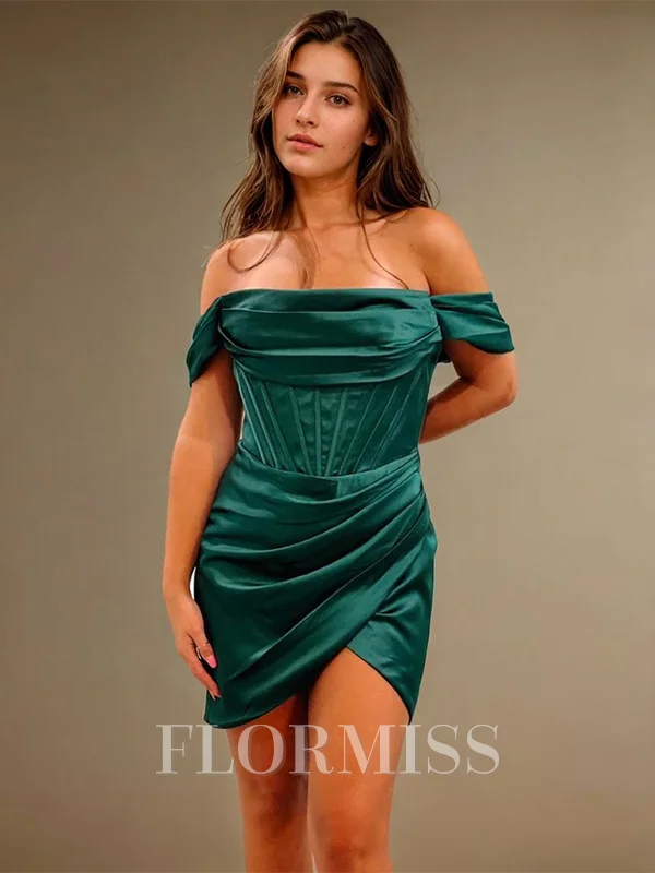 Sheath Off-the-Shoulder Pleated Short/Mini Silk Like Satin Corset Dress
