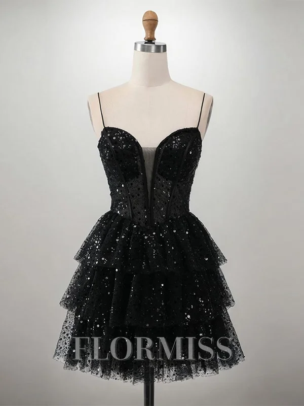 A-line Spaghetti Straps Cascading Ruffles Short/Mini Corset Dress