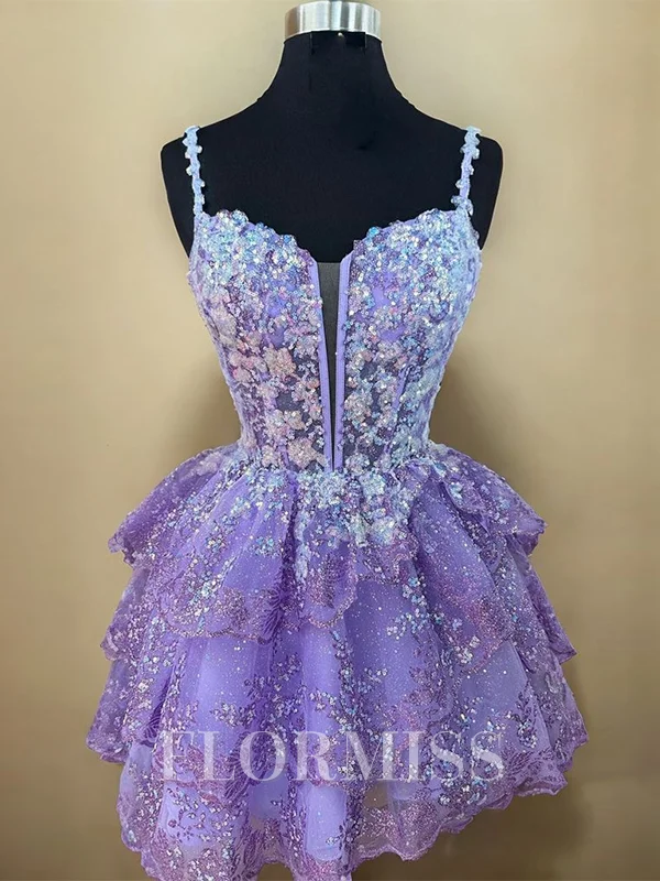 A-line Spaghetti Straps Appliques Lace Short/Mini Lace Corset Dress