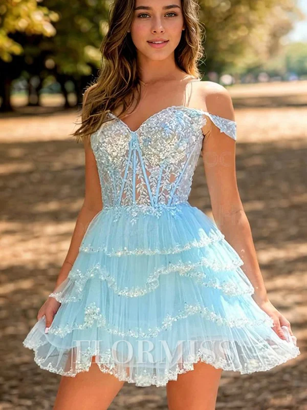 A-line Off-the-Shoulder Cascading Ruffles Short/Mini Tulle Corset Dress