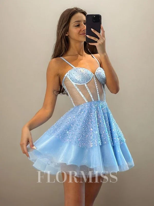 A-line Spaghetti Straps Sequin Short/Mini Tulle Corset Dress